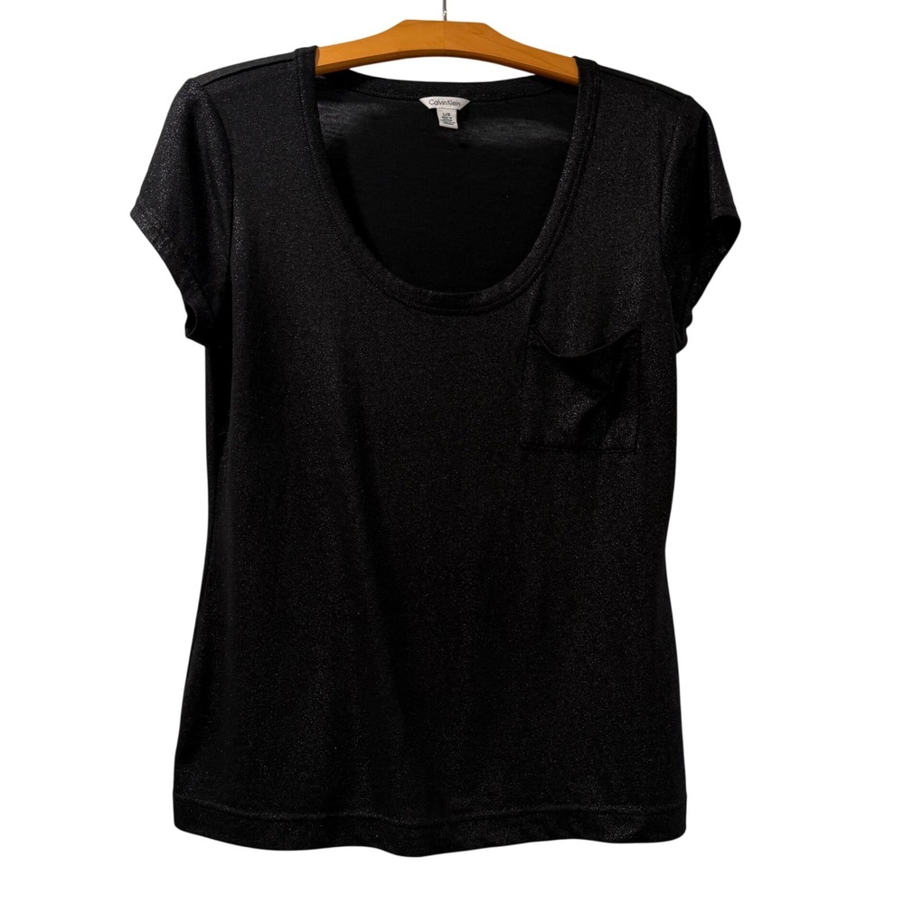 Calvin Klein Black Metallic Shimmer Scoop Neck Pocket Tee Women Large